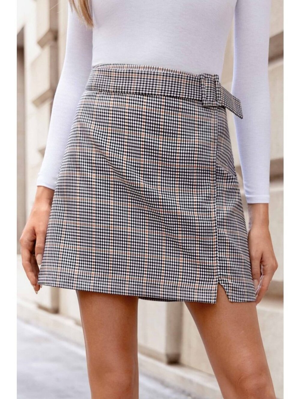 Cupshe Women's Glen Check Orange Notched Mini Skirt size L Large NWT